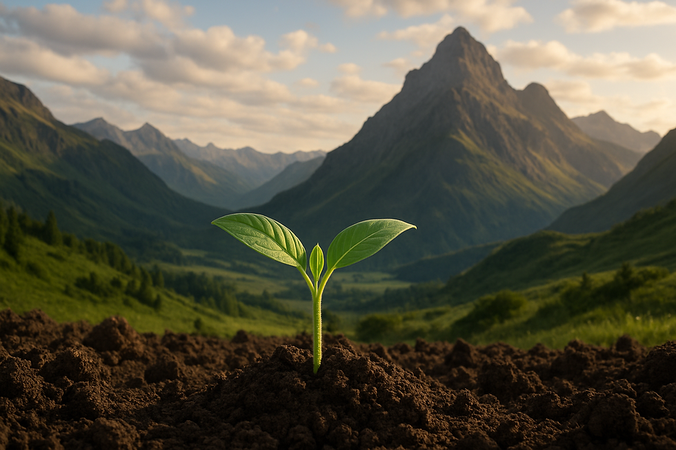 A young green seedling grows in dark soil, with a mountain valley behind it.